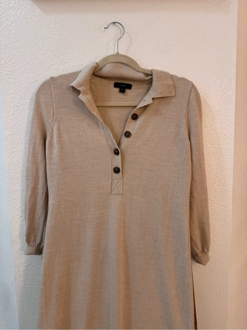 J. Crew Cream Long-Sleeve Polo Knit Dress 100% Merino Wool Comfy Relaxed Fit